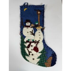 Vintage Blue Primitive Penny Felt‎ Applique Christmas Stocking Snowman
